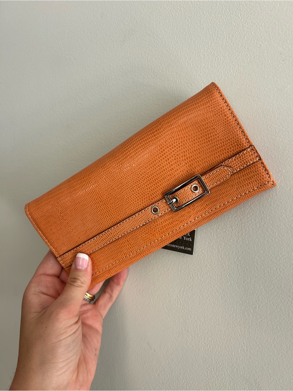 NWT Maxx New York Orange Leather Clutch Wallet with Buckle Detail